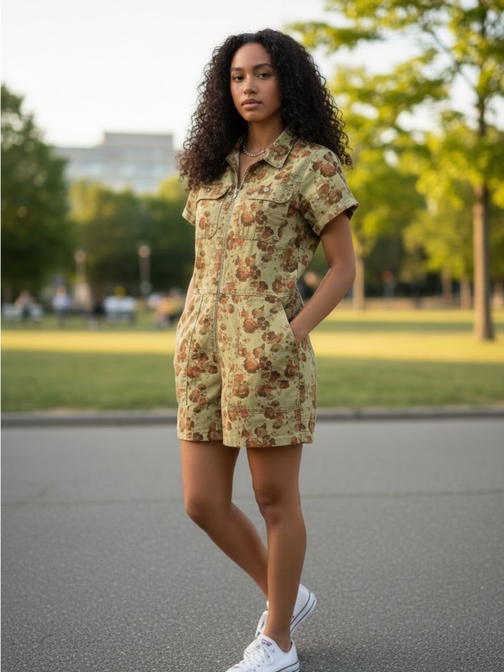 Toad&Co Tan Floral Zip-Front Short All Romper Small EUC